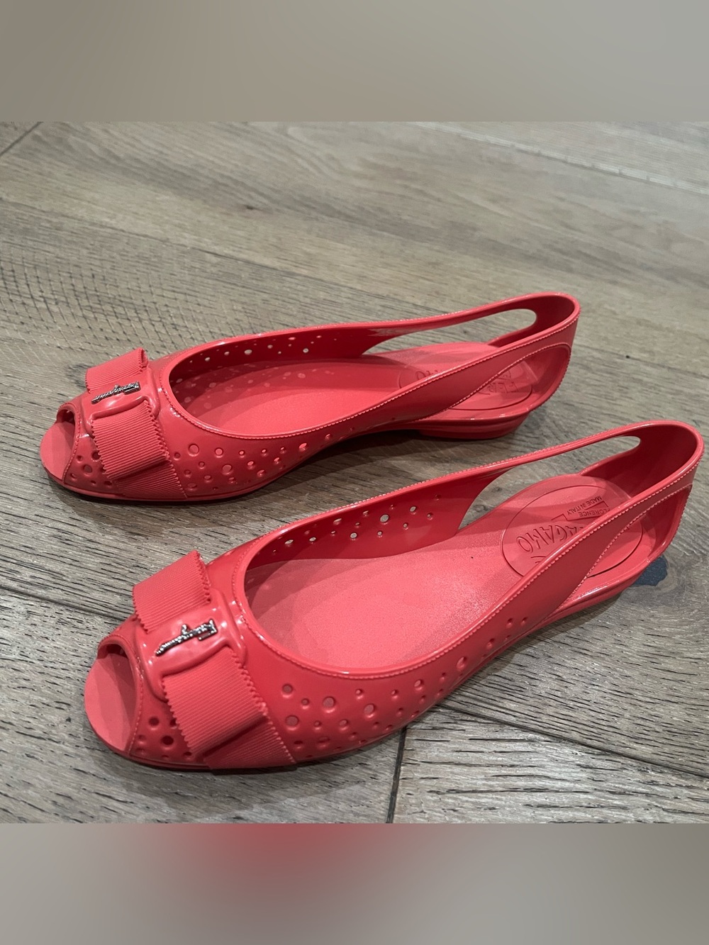 Salvatore Ferragamo Coral Pink Peep-Toe Jelly Flats - Picture 2 of 5